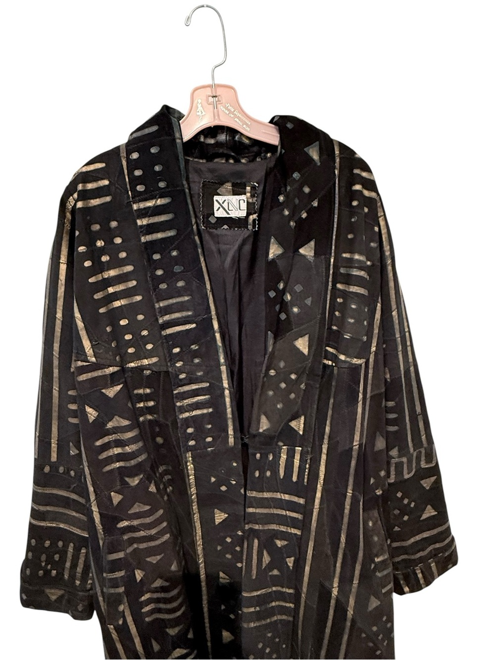 Vintage XLNC Mudcloth Print Leather Duster Coat Black Kimono Jacket XL - Picture 4 of 10